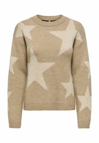 Beige trui met grote witte sterpatronen, ronde halslijn, lange mouwen en ribgebreide manchetten en zoom. Gemaakt van zacht breimateriaal.