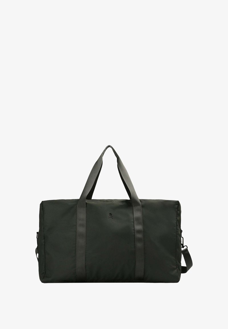 Bolsa de viaje verde oscuro hecha de tela suave, con dos asas para llevar, una correa ajustable para el hombro y un detalle de logotipo en el frente.
