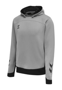 Felpa con cappuccio grigio chiaro con polsini neri, fascia in vita, coulisse, dettagli a chevron sulle maniche e piccolo logo nero sul petto.