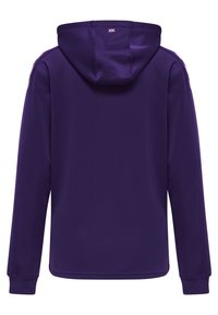Fialová mikina s kapucí a dlouhými rukávy, hladký povrch a logo na zadní části krku. Obsahuje elastické manžety a lem.