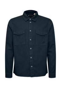 Dark blue denim shirt with a collared neckline, two chest pockets, and button-up front. Features blue buttons and a subtle brand detail.