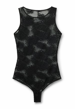 Schwarzer ärmelloser Spitzen-Body mit Blumenmustern und Druckknöpfen im Schritt, auf weißem Hintergrund präsentiert.