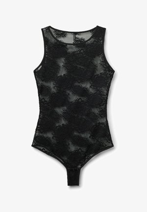 Schwarzer ärmelloser Spitzen-Body mit Blumenmustern und Druckknöpfen im Schritt, auf weißem Hintergrund präsentiert.