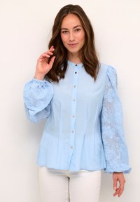 Light blue blouse with light textured lace puff sleeves, button front, and a relaxed fit. Smooth fabric with floral lace accents.