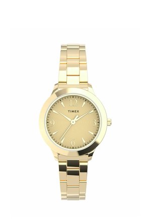Orologio da polso Timex color oro con cinturino metallico a maglie, quadrante tondo texturizzato, indici argentati e tre lancette per indicare l'ora.