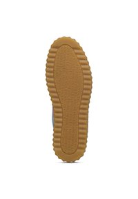 Suola di una scarpa realizzata in materiale gommoso testurizzato di colore beige con scanalature e testo impresso, progettata per offrire aderenza e durabilità.