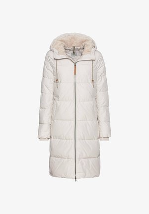 Gepolsterter langer Mantel in hellbeige mit Kapuze, innerem Kunstfellfutter, zwei Seitentaschen und einem Frontreißverschluss mit dekorativen Akzenten.