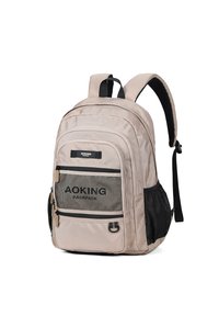 Zaino beige con accenti neri, doppie cinghie regolabili, numerosi scomparti con zip, una tasca laterale in rete e pannello frontale con logo.