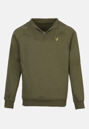 Felpa verde oliva con colletto alto, mezza zip frontale, dettagli a coste e un piccolo logo giallo sul petto. Materiale morbido in cotone misto.