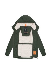 Green hooded jacket with a soft beige lining. Features include an interior pocket, adjustable drawstring, and orange label on the front.