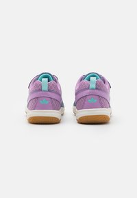 Purple mesh athletic shoes with light turquoise accents and a white sole. Features a textured rubber outsole and heel tab for easy wear.