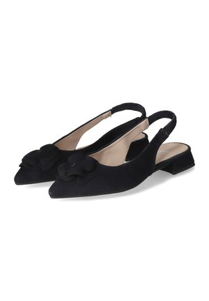 Zwarte slingback schoenen van zacht stof, met een spitse neus en een decoratieve bloemenaccent aan de voorkant. Ontwerp met een lage blokhak.