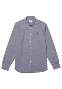 Camicia a maniche lunghe con motivo a scacchi blu e bianchi, realizzata in tessuto intrecciato. Presenta un colletto a punta, una chiusura con bottoni e un piccolo dettaglio con logo.