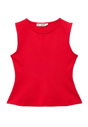 Haut rouge ajusté sans manches avec un col rond et des détails subtils de coutures, présenté à plat sur un fond blanc.