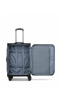 Valigia nera con rotelle e manico, dotata di un ampio interno, rivestimento grigio, cinghie regolabili e scomparto con zip.