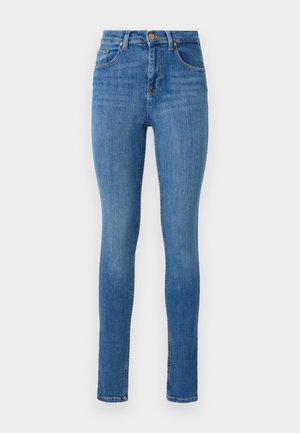 Smala jeans i mid-blå denim, med hög midja, klassisk femfickadesign, lätt blekning och en mjuk textur.