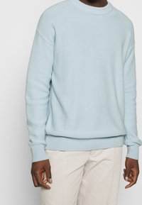 Himmelblauer gestrickter Pullover mit Rundhalsausschnitt, lockerer Passform und gerippten Bündchen und Saum. Getragen mit hellen Hosen.