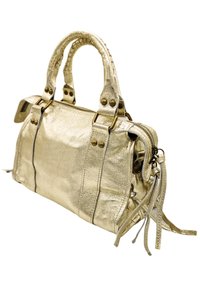 Sac à main en métal doré avec finition texturée, deux anses supérieures et accents de franges décoratives. Il dispose d'une fermeture éclair et de détails matériels visibles.