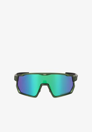 Sports solbriller med en grøn transparent ramme, store spejlglas med en gradient fra blå til lilla, og et kantet design.