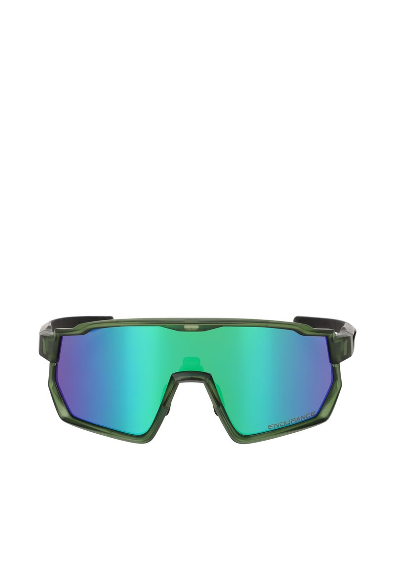 Urheilulasit, joissa on vihreä läpinäkyvä kehys, suuret peilipinnat, joissa on sinisestä purppuraan liukuväri, ja kulmikas muotoilu.