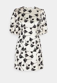 Robe imprimée fleurie noire en satin, avec manches bouffantes, encolure ronde et silhouette ajustée, avec un ourlet court.