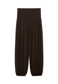 Braune plissierte Hose mit einem breiten, elastischen Bund. Der Stoff ist leicht und strukturiert und hat an den Säumen Gatherings.