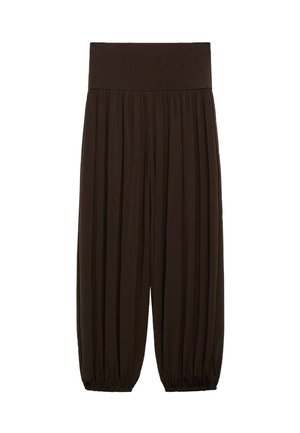 Braune plissierte Hose mit einem breiten, elastischen Bund. Der Stoff ist leicht und strukturiert und hat an den Säumen Gatherings.