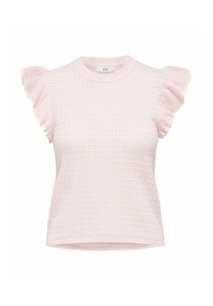 Haut à manches courtes rose pâle avec un design en maille texturée et des accents à volants aux épaules. Encolure ronde simple et coupe ajustée.