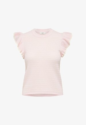Lys rosa kortermet topp med teksturert strikkedesign og rynkede detaljer på skuldrene. Enkel rund hals og tett passform.