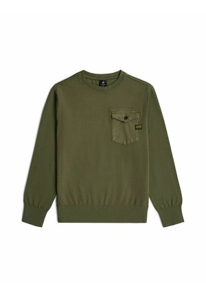 Bluza oliwkowa z długim rękawem, z prążkowanymi mankietami i dołem, z zapinanym na guziki kieszonką na piersi z małą czarno-żółtą metką.