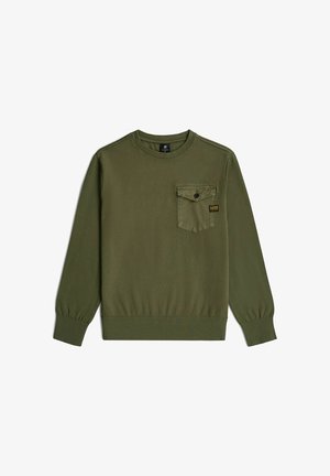 Bluza oliwkowa z długim rękawem, z prążkowanymi mankietami i dołem, z zapinanym na guziki kieszonką na piersi z małą czarno-żółtą metką.