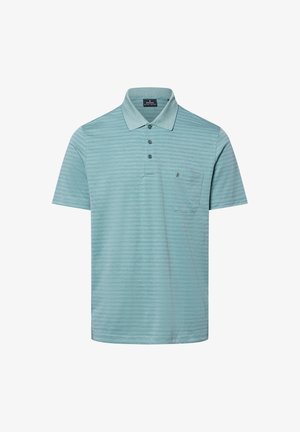 Lichtblauw poloshirt met fijne horizontale strepen, korte mouwen, een drieknoopsluiting en een borstzak links. Zacht katoenmix materiaal.
