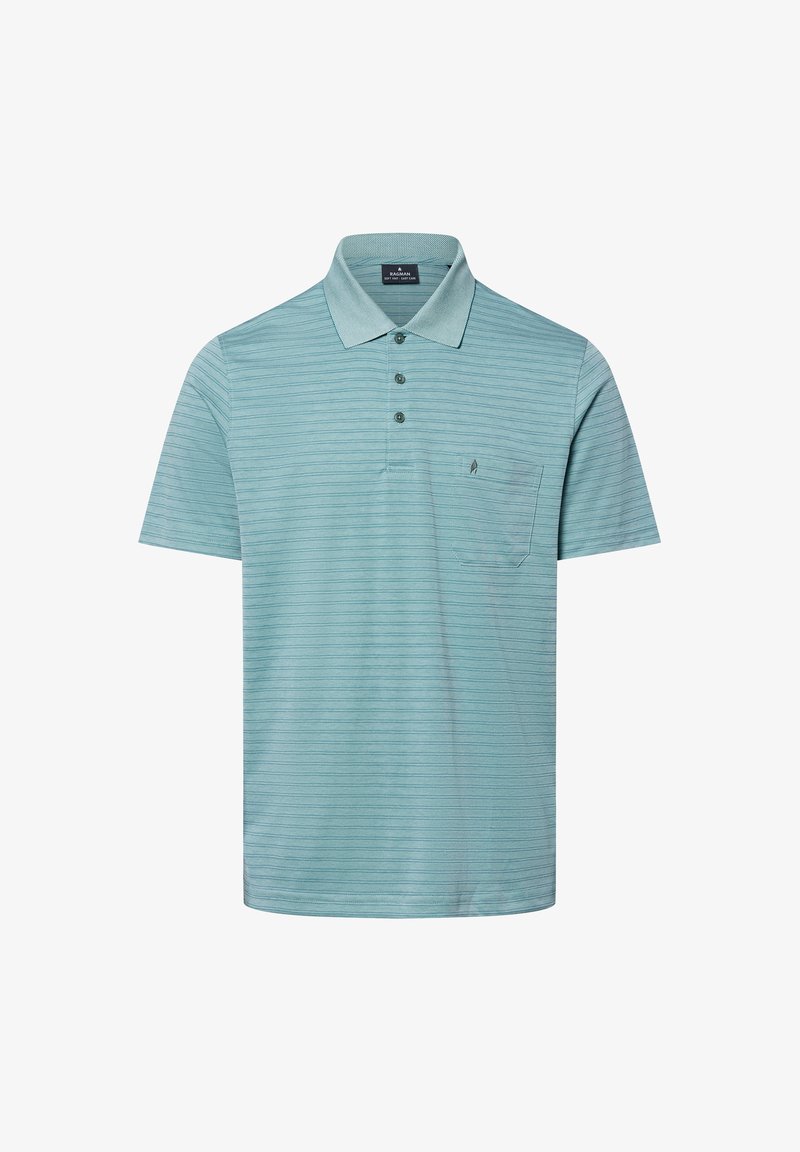 Lichtblauw poloshirt met fijne horizontale strepen, korte mouwen, een drieknoopsluiting en een borstzak links. Zacht katoenmix materiaal.