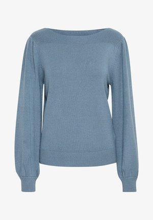 Hele helesinine kudum-sviiter laia kaelusega, pikkade puhv-sleeveside, soonikute ja äärtega. Sile tekstuur ja ühtlane värv kogu ulatuses.