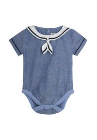 Bodysuit s krátkymi rukávmi s denimovým vzorom, bielym námorníckym golierom a šnúrkou, doplnený čiernymi pruhmi na golieri a rukávoch. Zapínanie na patentky na spodnej časti.