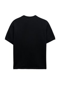 Zwart T-shirt met korte mouwen van zacht katoen. Bevat een ronde crewneck en een ontspannen pasvorm. Glad oppervlak met een gelijkmatige stiksels.