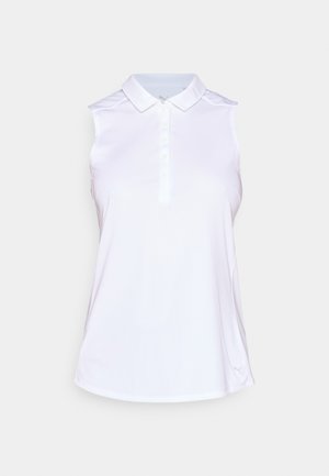 Débardeur blanc en polo avec col, cinq boutons et tissu lisse ; présente un détail de logo subtil à l'ourlet.