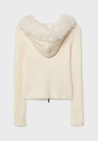 Skórzany sweter w kolorze kremowym z teksturą prążkowaną, dopasowanymi rękawami i kapturem z sztucznego futra. Posiada centralny zamek z tyłu.