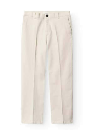 Pantaloni cu picioare drepte, culoare crem, cu bucle pentru curea, buzunare laterale, nasture frontal și închidere cu fermoar.