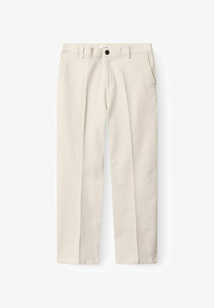 Kremasto-bež hlače z ravnimi hlačnicami z zankami za pas, stranskimi žepi, sprednjim gumbom in zadrgo.