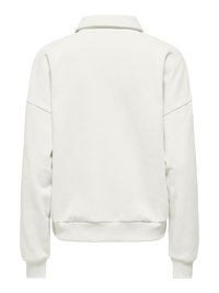 Sweat-shirt blanc uni à manches longues avec col, poignets côtelés et bande en bas côtelée, vu de dos sur un fond blanc.