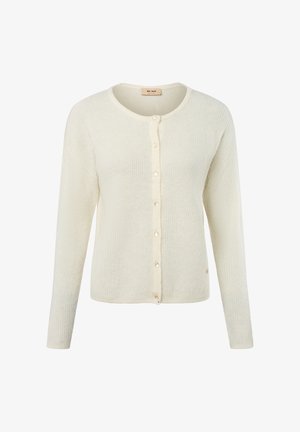 Cremfarbener Cardigan aus strukturiertem Strickstoff, mit rundem Halsauschnitt und Knopfverschluss, langen Ärmeln und gerippten Bündchen.