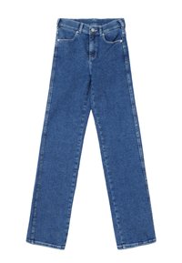 Jean en denim bleu avec une coupe droite, dotée d'une fermeture à bouton, d'un design à cinq poches et de coutures minimalistes le long des seams.