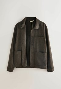 Dark gray wool jacket with a collared neckline, button fastenings, two front pockets, and a contrasting white zipper.