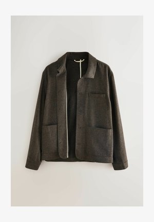 Ciemnoszara wełniana kurtka z kołnierzykiem, zapięciem na guziki, dwiema przednimi kieszeniami oraz kontrastowym białym zamkiem błyskawicznym.