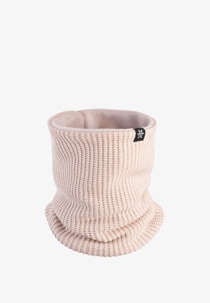 Knitted neck gaiter in soft, light pink fabric with a ribbed texture and an integrated fleece lining; features a small black logo patch.