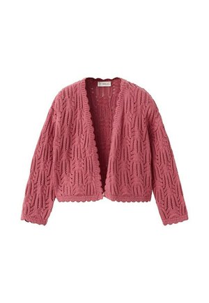 Roze gebreid vest met open voorkant, lange mouwen en een gestructureerd, patroonsteekontwerp.