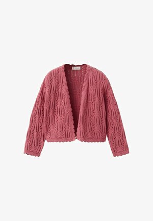 Rosa gestrickte, offene Strickjacke mit langen Ärmeln und einem strukturierten, gemusterten Maschenmuster.