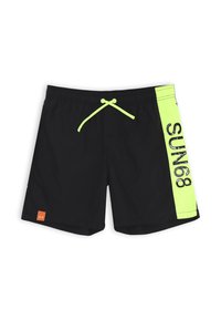 Pantaloni da bagno neri con pannello laterale verde neon recante la scritta "SUN68". Comprendono una vita con cordino e un'etichetta logo arancione.