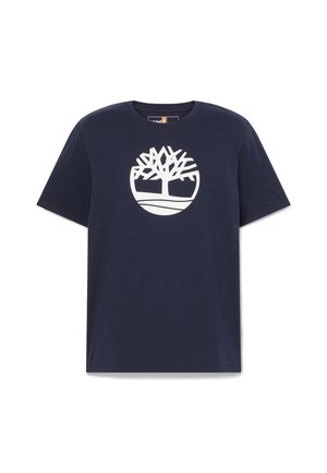 Mørkeblå T-shirt med korte ærmer og rund halsudskæring, prydet med et stort hvidt cirkulært trælogo centralt foran.
